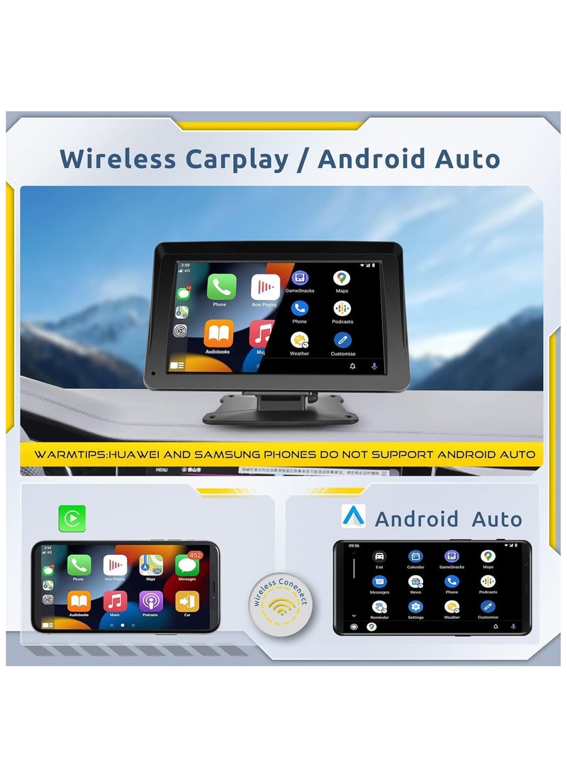7-Inch Portable Car Stereo with Wireless Apple CarPlay & Android Auto, Bluetooth Hands-Free Car Radio, Touch Screen Display with Voice Control, Maps Navigation, Mirror Link, TF Card & AUX, Compatible with All Cars