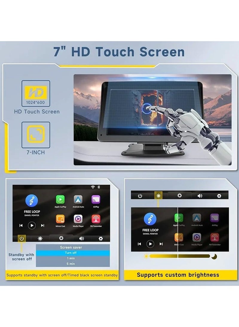 7-Inch Portable Car Stereo with Wireless Apple CarPlay & Android Auto, Bluetooth Hands-Free Car Radio, Touch Screen Display with Voice Control, Maps Navigation, Mirror Link, TF Card & AUX, Compatible with All Cars