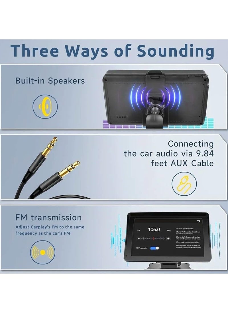 7-Inch Portable Car Stereo with Wireless Apple CarPlay & Android Auto, Bluetooth Hands-Free Car Radio, Touch Screen Display with Voice Control, Maps Navigation, Mirror Link, TF Card & AUX, Compatible with All Cars