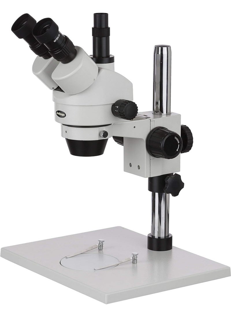 AmScope AmScope SM1TZ Professional Trinocular Stereo Zoom Microscope WH10x Eyepieces 35X90X Magnification 07X45X Zoom Objective Ambient Lighting Large PillarStyle Table Stand Includes 05X and 20X Barlow Lenses  - Image 1