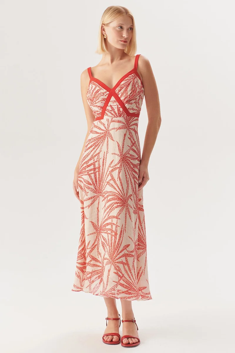 EXQUISE Patterned Red Trimmed Strappy Regular Midi Rayon Chiffon Dress