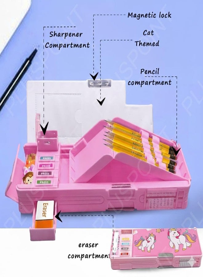 PLUSPOINT Plastic Multifunctional Cute Unicorn School Pencil Case for Girls - Multi Compartment Button Operated Unicorn Compass Box, Stationary Items- Pencil Case & Geometry Box for Kids - Image 4