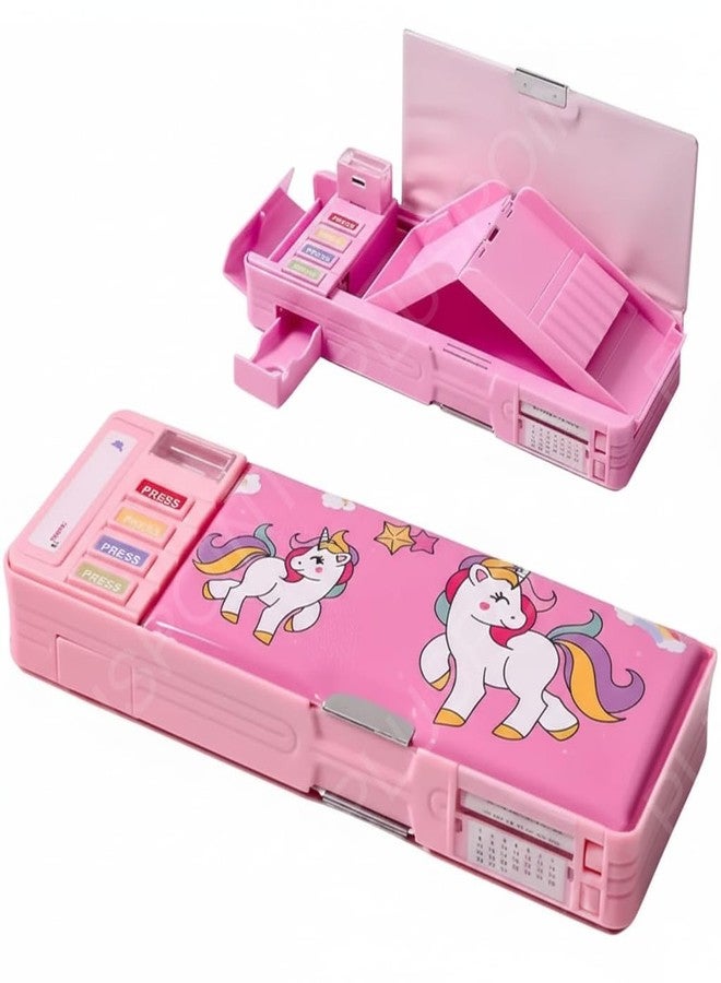 PLUSPOINT Plastic Multifunctional Cute Unicorn School Pencil Case for Girls - Multi Compartment Button Operated Unicorn Compass Box, Stationary Items- Pencil Case & Geometry Box for Kids - Image 1