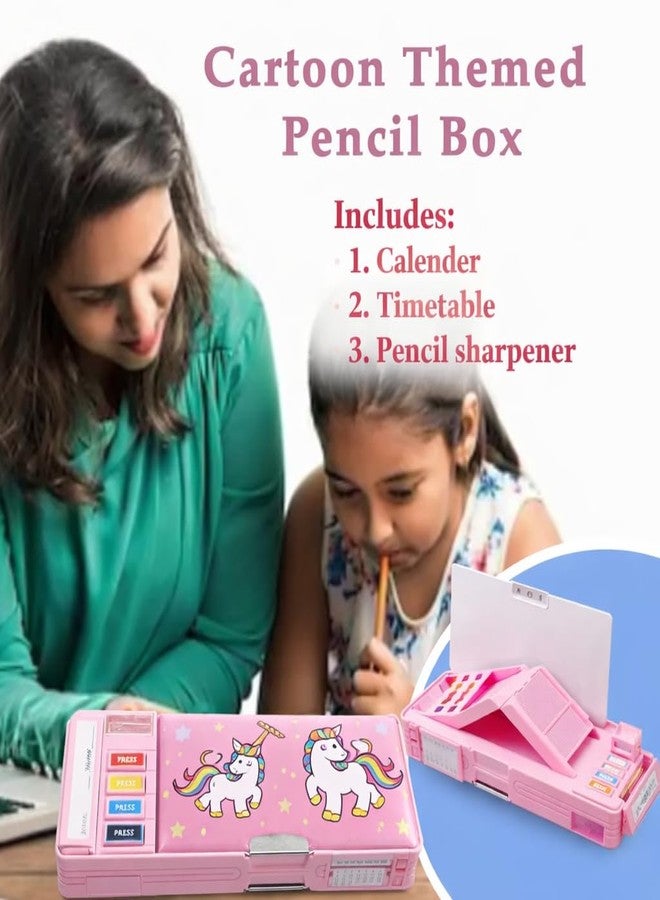 PLUSPOINT Plastic Multifunctional Cute Unicorn School Pencil Case for Girls - Multi Compartment Button Operated Unicorn Compass Box, Stationary Items- Pencil Case & Geometry Box for Kids - Image 3