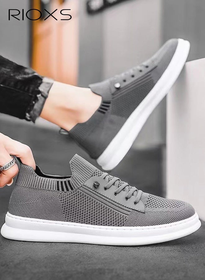 RIOXS Men's Breathable Mesh Knit Sneakers, Lightweight Casual Non-Slip Flat Sneakers, Everyday Round-Toe Slip-On Low-Top Sneakers, Moisture-Wicking Quick-Drying Durable and Stylish Sports Style for Light Outdoor Activities, Commuting, and Travel, Versatile Solid Gray - Image 1