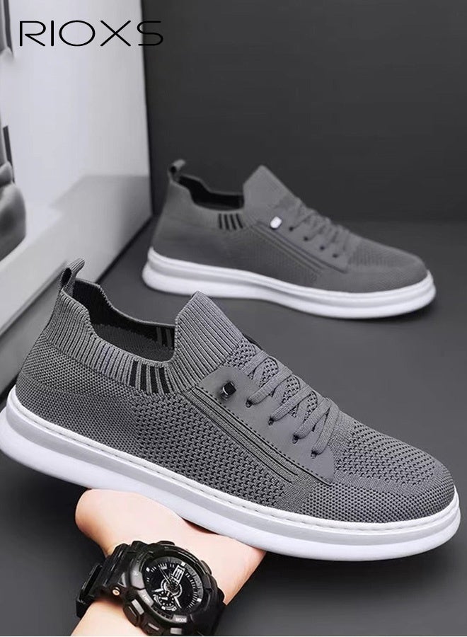 RIOXS Men's Breathable Mesh Knit Sneakers, Lightweight Casual Non-Slip Flat Sneakers, Everyday Round-Toe Slip-On Low-Top Sneakers, Moisture-Wicking Quick-Drying Durable and Stylish Sports Style for Light Outdoor Activities, Commuting, and Travel, Versatile Solid Gray - Image 2