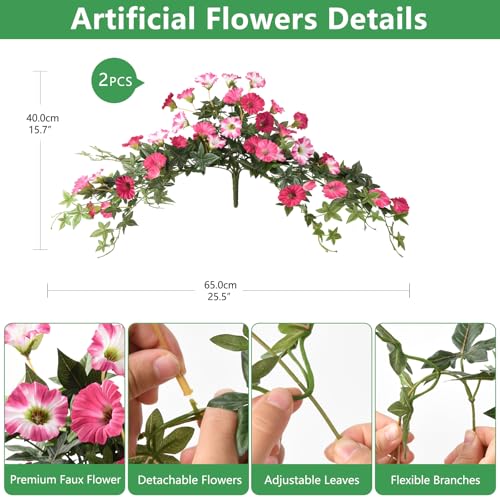 ZFProcess Artificial Fake Flowers Hanging Plants for Outdoor Spring Summer Decoration 2Pcs Faux Petunias Realistic Silk Flower UV Resistant No Fade for Home Outside Garden Balcony Yard Porch Indoor Rose Red - Image 3