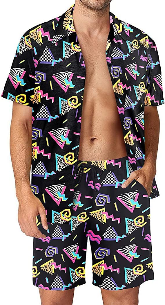 Arssm Mens 2 Pieces Vintage Shirts and Shorts Set 80s 90s Outfit Button Down Beach Suit Quick Dry for Vintage Halloween PartyBlackS