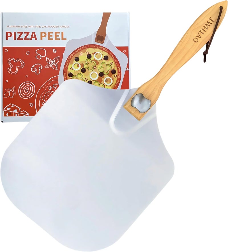 OVTHMT Pizza Peel 12 inch, Aluminum Pizza Paddle 12 x 14 inch with Foldable Wood Handle, Pizza Turning Peel, Pizza Spatula For Oven, Bread, Pastry, Dough, Cake, Pizza Spatula Paddle, Metal Pizza Peel - Image 1