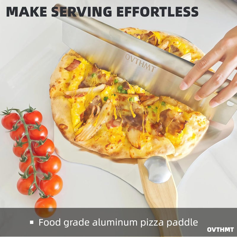 OVTHMT Pizza Peel 12 inch, Aluminum Pizza Paddle 12 x 14 inch with Foldable Wood Handle, Pizza Turning Peel, Pizza Spatula For Oven, Bread, Pastry, Dough, Cake, Pizza Spatula Paddle, Metal Pizza Peel - Image 3