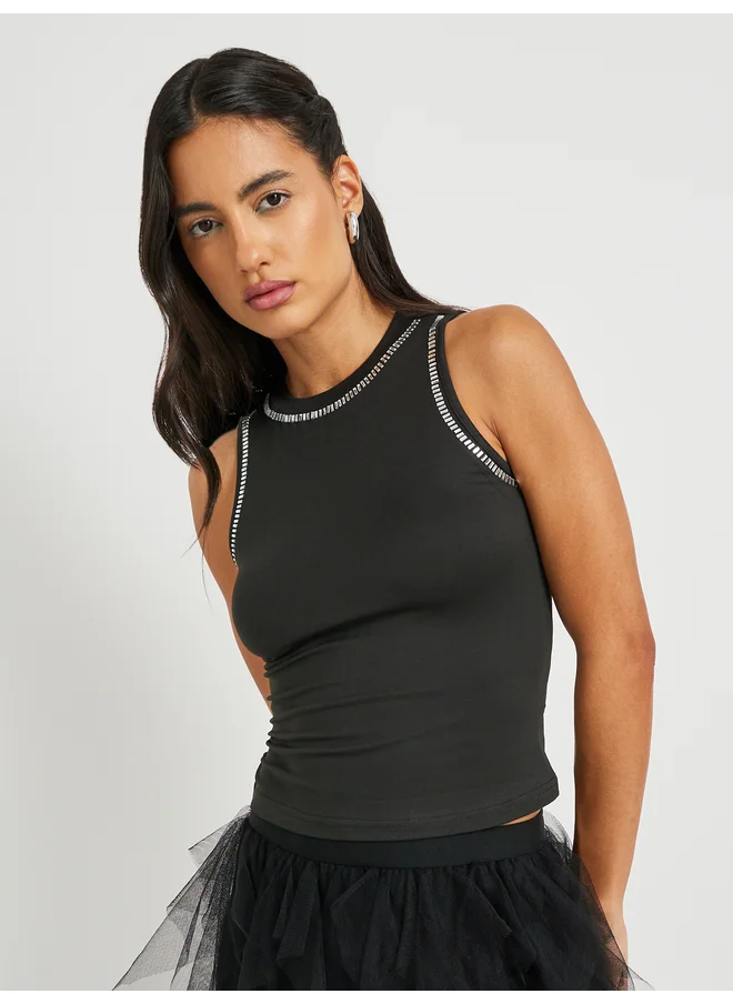 تايك تو Take Two Embellished Round Neck Sleeveless Top