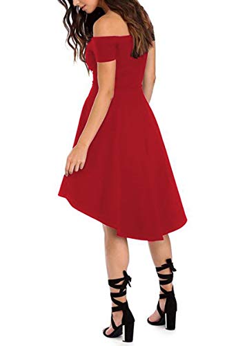 Sarin Mathews Women Off The Shoulder Short Sleeve High Low Cocktail Skater Dress Red S - Image 2
