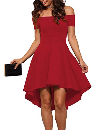Sarin Mathews Women Off The Shoulder Short Sleeve High Low Cocktail Skater Dress Red S - Image 1