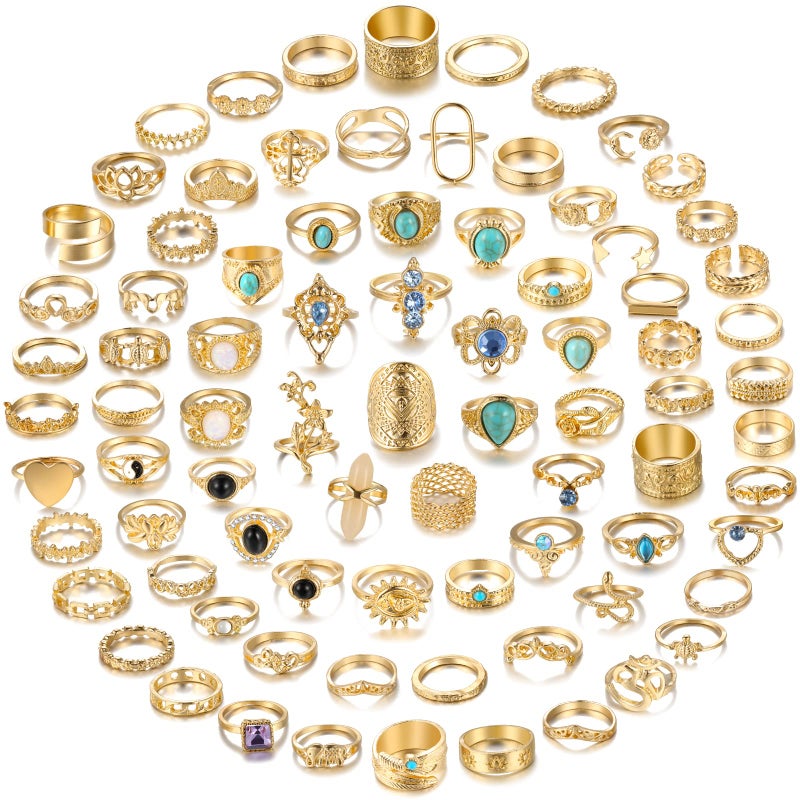 17mile 17 MILE 82 Pcs Vintage Gold Knuckle Rings Set for Women, Bohemian Stackable Joint Finger Rings, Retro Stone Crystal Stacking Midi Rings Pack (Gold) - Image 1
