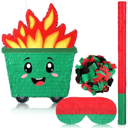 Soulchen Dumpster on Fire Piata 15 x 11 Inch Piata with Bat Blindfold Confetti and Stick for Birthday Party Baby Shower Photo Props Cinco De Mayo Fiesta Decoration Teens Adults Christmas Supplies - Image 1
