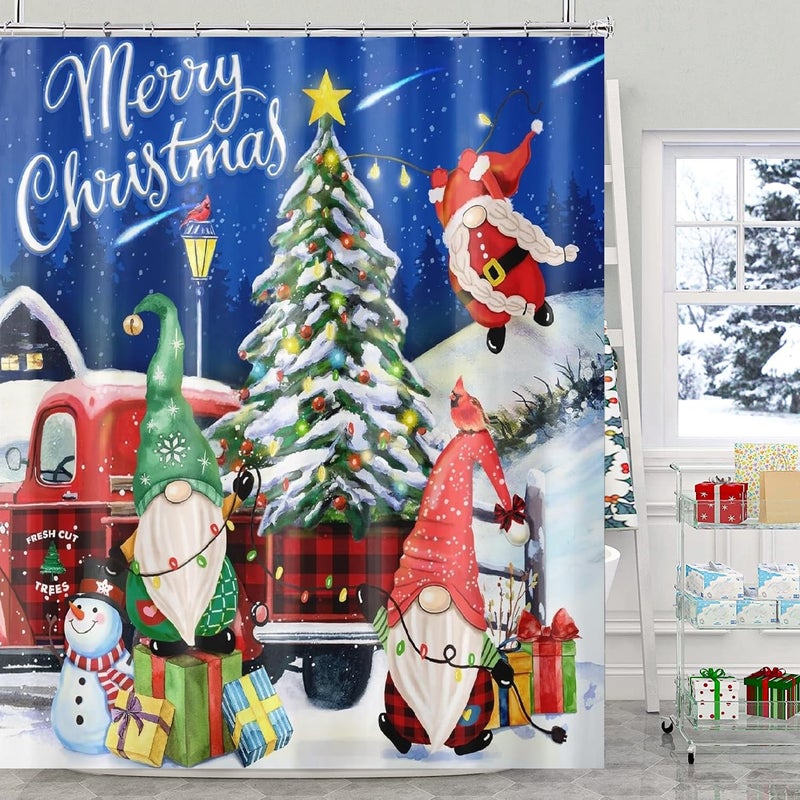 Bivinar GNOME CHRAFF SARTAIN 72 × 72 بوصة عيد ميلاد سعيد شاحنة حمراء مع شجرة عيد الميلاد ستارة شتاء ليلي نجم نجم الثلج ستارة دش دش - Image 1