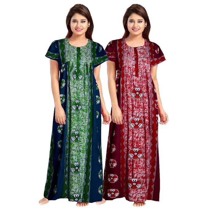 KBNBJ Women's Cotton Printed Maxi Nighty (Pack of 2) (Free Size, Green&Maroon) - Image 1