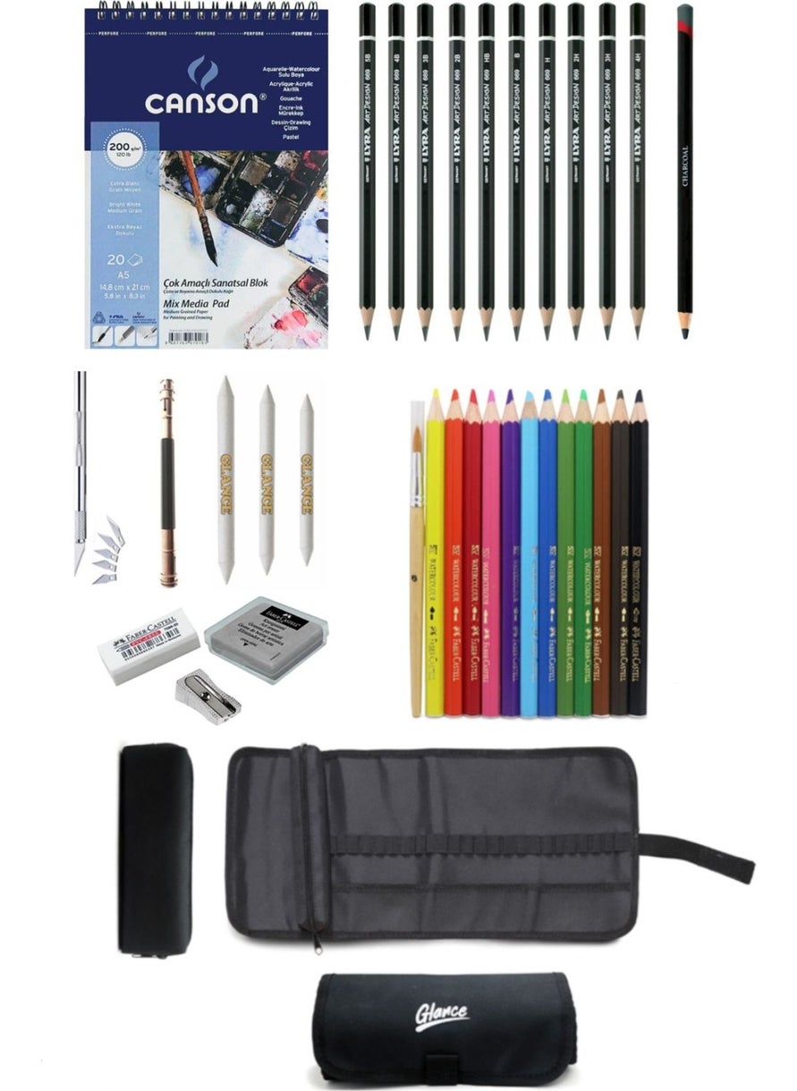 Glance - Canson Drawing Notebook A5 200 gr Faber-Castell Grip Crayons Drawing Sketching Set with Bag - Image 1
