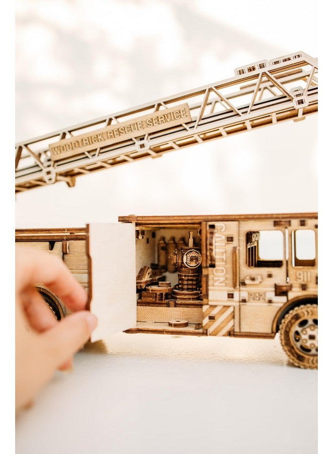 Wood Trick Rescue Firetruck Movable - Rotating Extendable Ladder - 3D Wooden Puzzles for Adults and Kids to Build - Rides up to 20 ft - Wooden Models Engineering DIY Project Mechanical Model Kit - Image 4