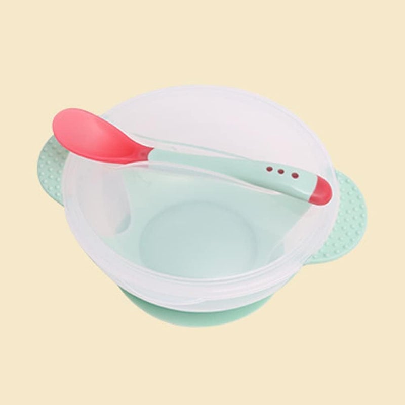 Baby Feeding Set - Green Silicone Bowl with Suction Base, Spoon, and Lid - Image 3