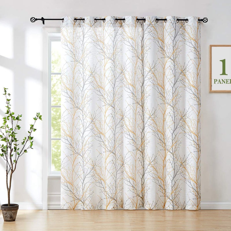 FMFUNCTEX Yellow Grey Tree Curtain for Patio Sliding Door 100 Inch Extra Wide Curtains 96 Inches Long Sliding Door Panel Branch Print Linen Textured Privacy Semi Sheer Curtain Drapes 1 Panel