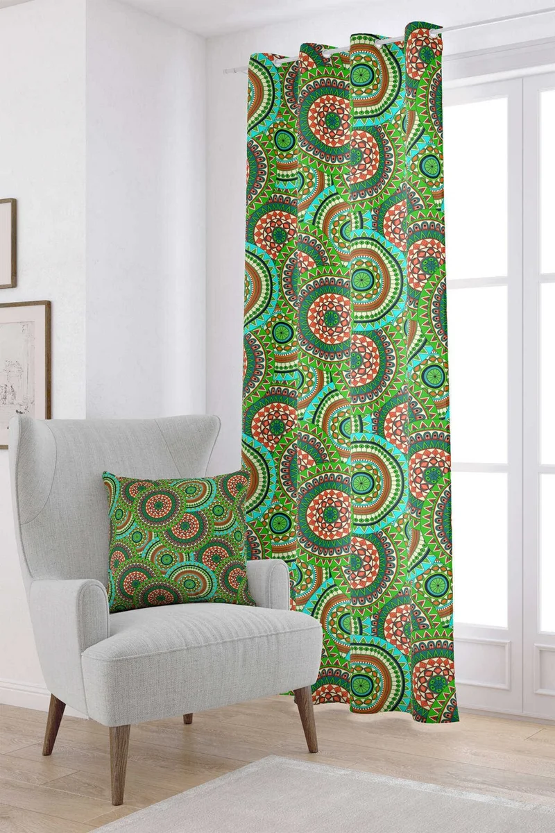 كانغو هوم Green Retro Vintage Patterned Digital Printed Curtain OTYK043-PR