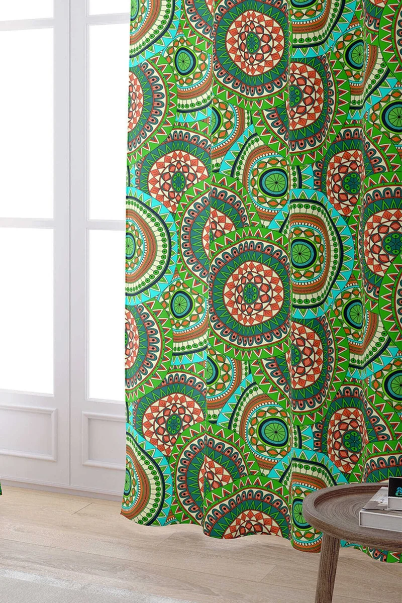 كانغو هوم Green Retro Vintage Patterned Digital Printed Curtain OTYK043-PR