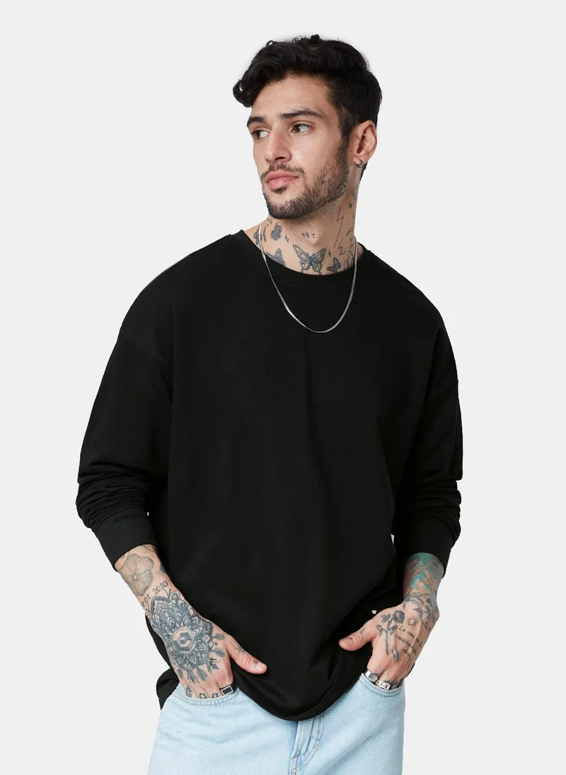 The Souled Store Men Black  Solid Oversized Full Sleeve T-Shirts