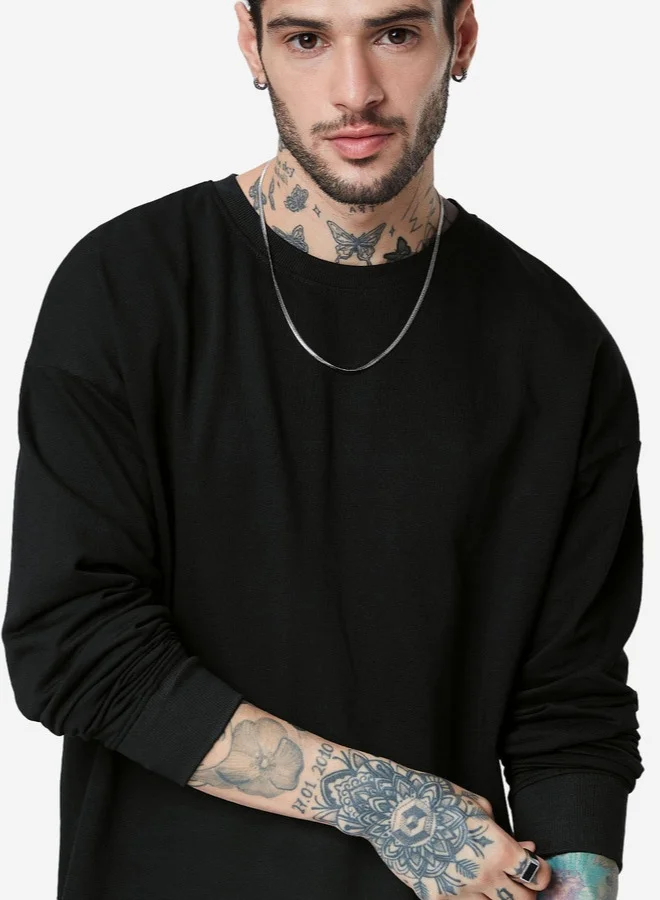The Souled Store The Souled Store Men Black Solid Oversized Full Sleeve T-Shirts