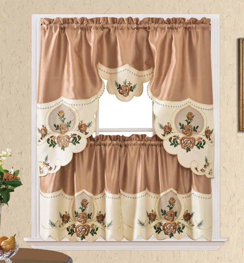 GOHD Golden Ocean Home Decor GOHD Rose Melody 3pcs Kitchen Cafe Curtain Set Swag and 24 inches Tiers Set for Small Windows Nice Matching Color Rose Embroidery on Border and Inserted Organza Bronze 