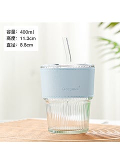 New style with lid vertical pattern bamboo cup high-looking straw glass cup internet celebrity gift Cup office coffee cup Vertical bar transparent color straw lid