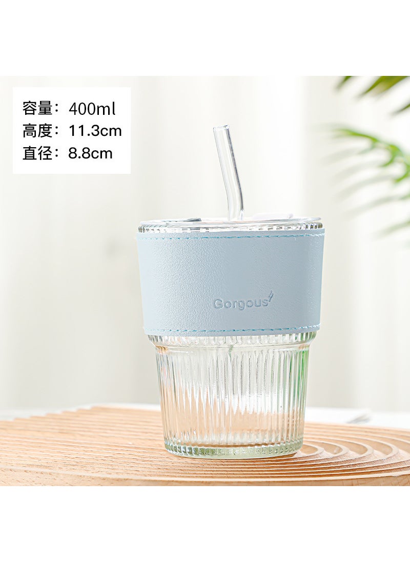 Generic - New style with lid vertical pattern bamboo cup high-looking straw glass cup internet celebrity gift Cup office coffee cup Vertical bar transparent color straw lid - Image 1