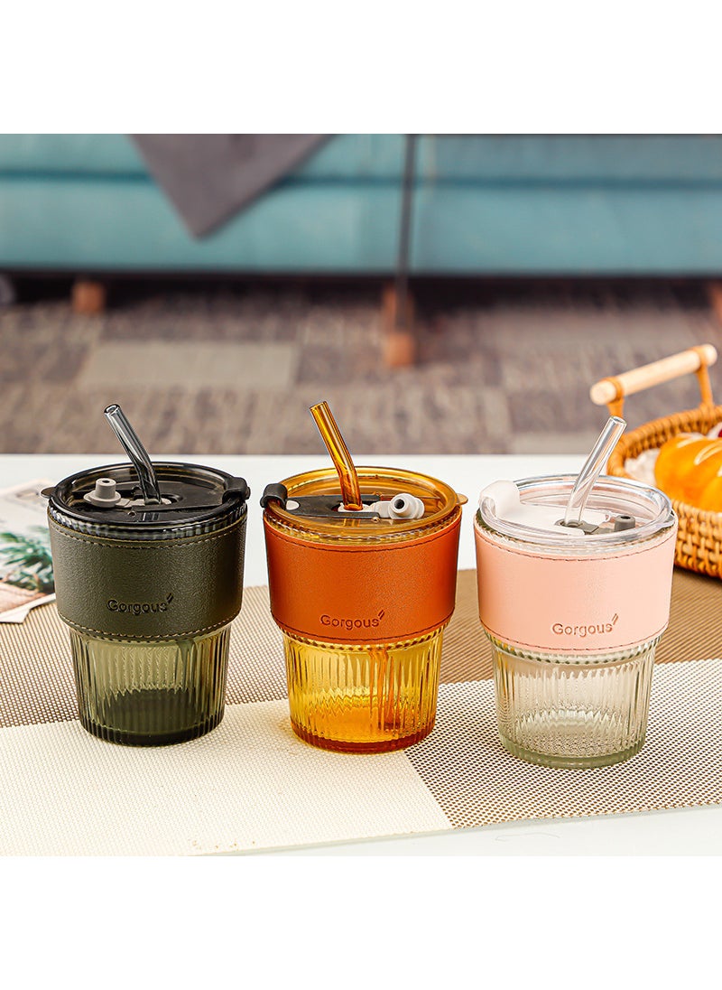 Generic - New style with lid vertical pattern bamboo cup high-looking straw glass cup internet celebrity gift Cup office coffee cup Vertical bar transparent color straw lid - Image 1
