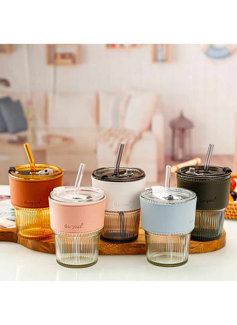 Generic - New style with lid vertical pattern bamboo cup high-looking straw glass cup internet celebrity gift Cup office coffee cup Vertical bar transparent color straw lid - Image 1