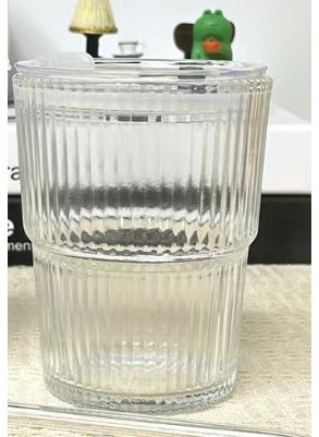 Generic - New style with lid vertical pattern bamboo cup high-looking straw glass cup internet celebrity gift Cup office coffee cup Vertical bar transparent color straw lid - Image 1