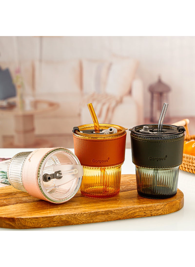 Generic - New style with lid vertical pattern bamboo cup high-looking straw glass cup internet celebrity gift Cup office coffee cup Vertical bar transparent color straw lid - Image 1