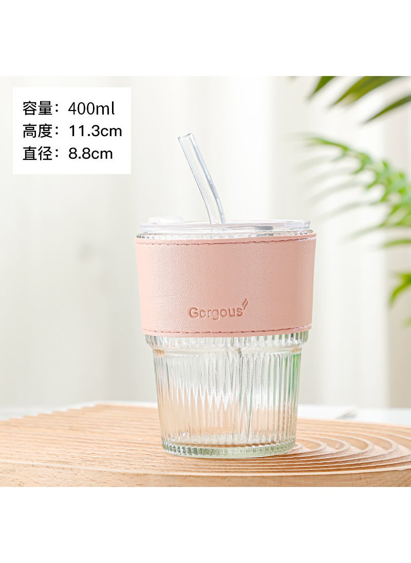 Generic - New style with lid vertical pattern bamboo cup high-looking straw glass cup internet celebrity gift Cup office coffee cup Vertical bar transparent color straw lid - Image 1
