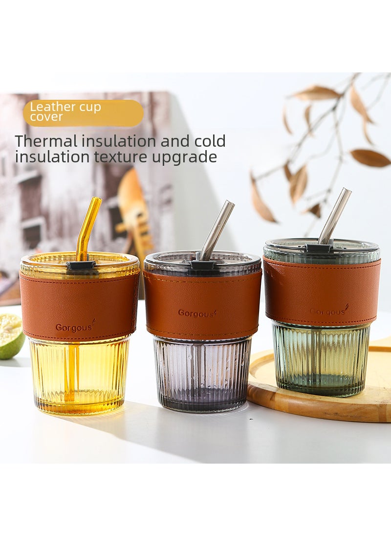 Generic - New style with lid vertical pattern bamboo cup high-looking straw glass cup internet celebrity gift Cup office coffee cup Vertical bar transparent color straw lid - Image 1