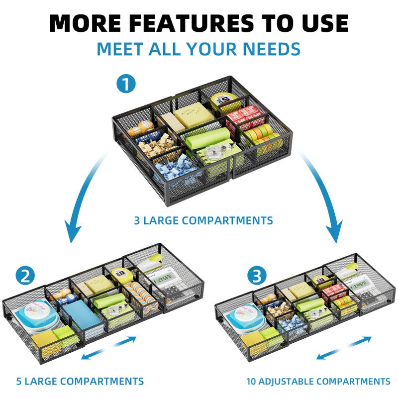 Marbrasse Expandable Desk Drawer Organizer, Mesh Drawer Organizer Tray with 10 Adjustable Compartments, Desk Organizers and Accessories for Office Supplies (Longer Expandable Drawer Organizer-B) - Image 5