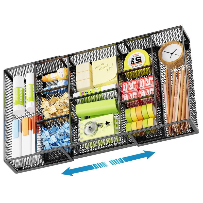 Marbrasse Expandable Desk Drawer Organizer, Mesh Drawer Organizer Tray with 10 Adjustable Compartments, Desk Organizers and Accessories for Office Supplies (Longer Expandable Drawer Organizer-B) - Image 1