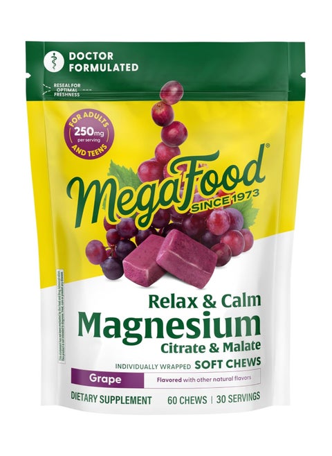 Relax + Calm Magnesium CITRATE / MALATE, SOFT CHEWS GRAPE FLAVOR WITH OTHER NATURAL FLAVORS, 30 INDIVIDUALLY WRAPPED SOFT CHEWS, 15 SERVINGS, DIETARY SUPPLEMENT.