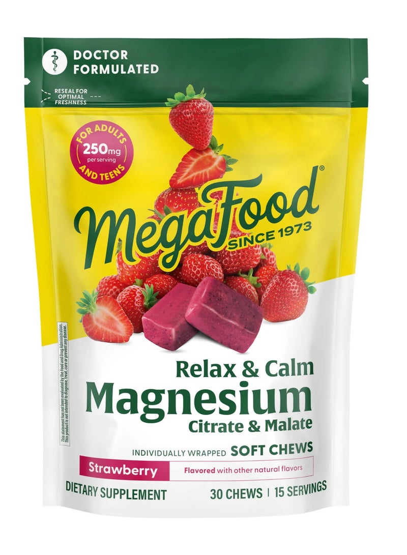 MegaFood Relax + Calm Magnesium CITRATE / MALATE,INDIVIDUALLY WRAPPED SOFT CHEWS STRAWBERRY FLAVOR WITH OTHER NATURAL FLAVORS, Dietary Supplement 30 Chews / 15 Servings - Image 1