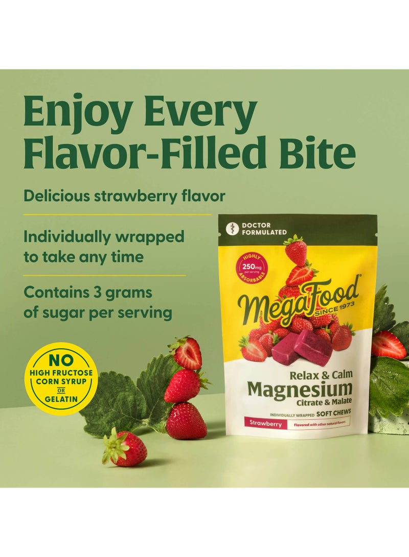 MegaFood Relax + Calm Magnesium CITRATE / MALATE,INDIVIDUALLY WRAPPED SOFT CHEWS STRAWBERRY FLAVOR WITH OTHER NATURAL FLAVORS, Dietary Supplement 30 Chews / 15 Servings - Image 4