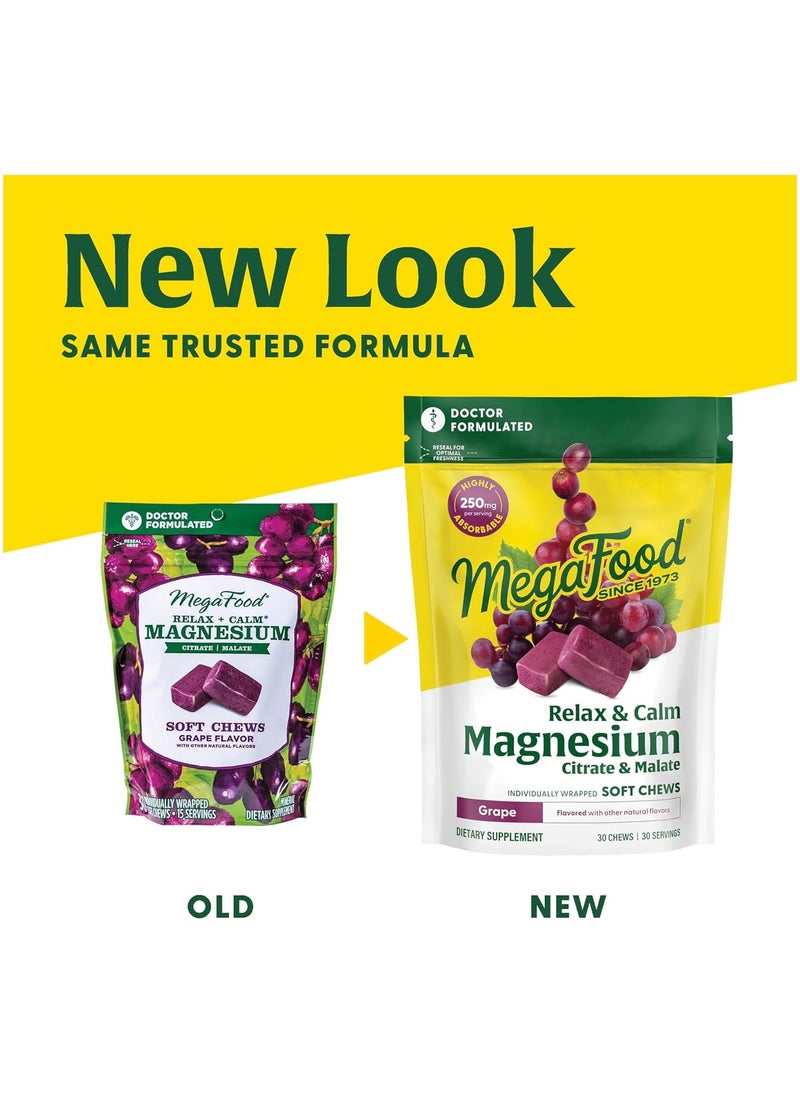 MegaFood - MegaFood Relax + Calm Magnesium Supplement - Soft Chews with Magnesium Citrate & Magnesium Malate for Heart Health, Muscle Tension & More - Vegetarian - Grape-Flavor - 60 Chews per pack (30 Servings) - Image 1