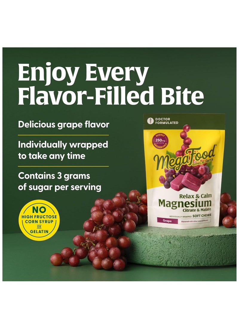 MegaFood - MegaFood Relax + Calm Magnesium Supplement - Soft Chews with Magnesium Citrate & Magnesium Malate for Heart Health, Muscle Tension & More - Vegetarian - Grape-Flavor - 60 Chews per pack (30 Servings) - Image 1
