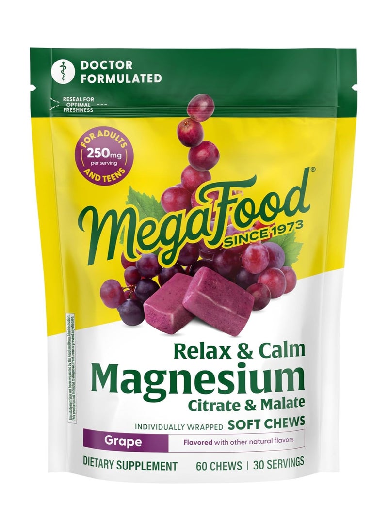 MegaFood - MegaFood Relax + Calm Magnesium Supplement - Soft Chews with Magnesium Citrate & Magnesium Malate for Heart Health, Muscle Tension & More - Vegetarian - Grape-Flavor - 60 Chews per pack (30 Servings) - Image 1