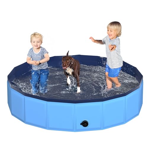 CACSPS 63 x 12 Foldable Dog Pool Collapsible Hard Plastic Kiddie Pool for Dogs Kids NonSlip Pet Bath Tub for Outdoor Backyard Use Lightweight Portable Blue - Image 1