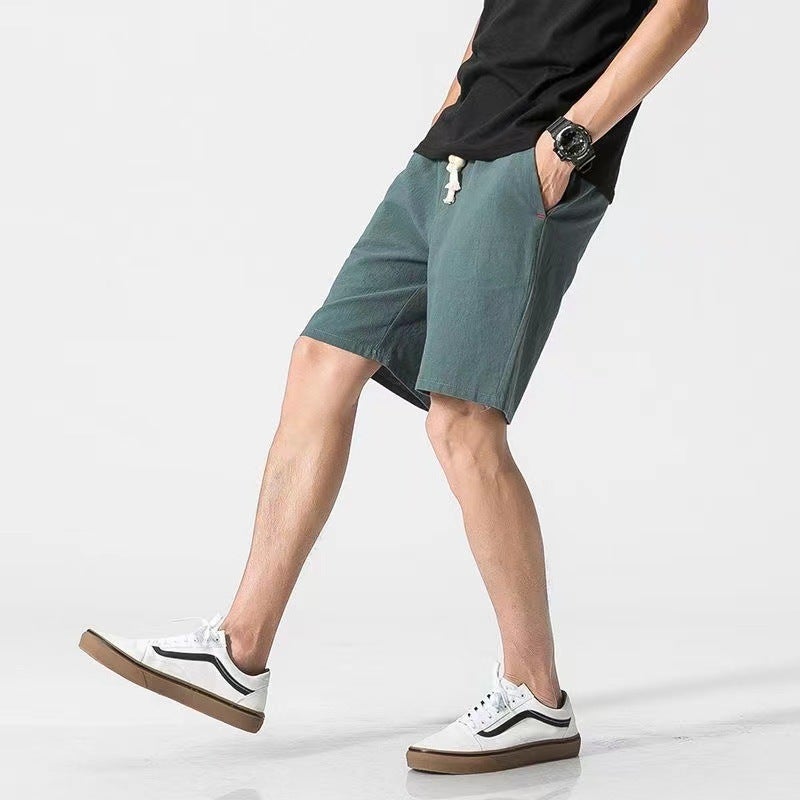 Summer Cotton Linen Shorts for Men Casual Large Size dark green  - Image 1