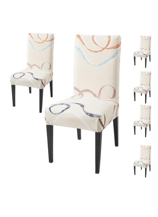Styleys Styleys Elastic Chair Cover Stretch Removable Washable Short Dining Chair Cover Protector Seat Slipcover (Set of 6, Beige Ribbons, SD-3187)  - Image 1