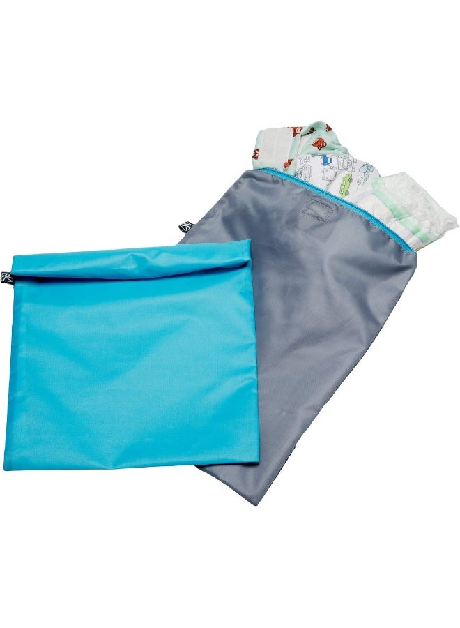 J.L. Childress Wet-to-Go Portable Wet and Dry Bags, Waterproof and Leakproof, Machine-Washable, Reusable for Cloth Diapers, Wet Clothes, Swimsuits, and More. 2 Pack, Teal/Grey - Image 1